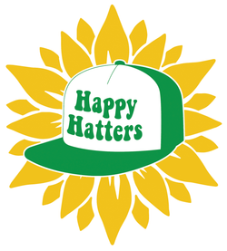 Sunflower with a green trucker cap in the middle with Happy Hatters in text